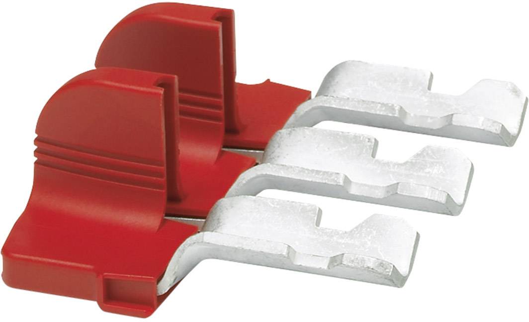 Drei rote und silberne Klingen eines Sicherungshalters, nebeneinander angeordnet, auf weißem Hintergrund.