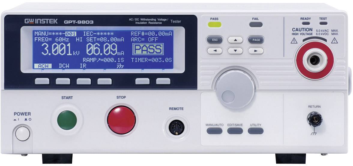 GPI-9803 Gleichspannungs- und Wechselspannungs-Prüfgerät mit digitalem Display, Kontrollleuchten und Bedienknöpfen.