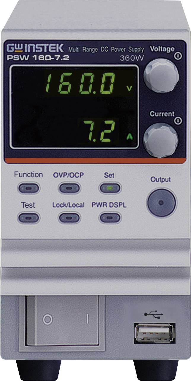 'GW Instek PSW 160-7.2' Netzteil-Display zeigt: Spannung 16,0 V, Strom 7,2 A. Knöpfe zur Strom- und Spannungsregelung vorhanden.