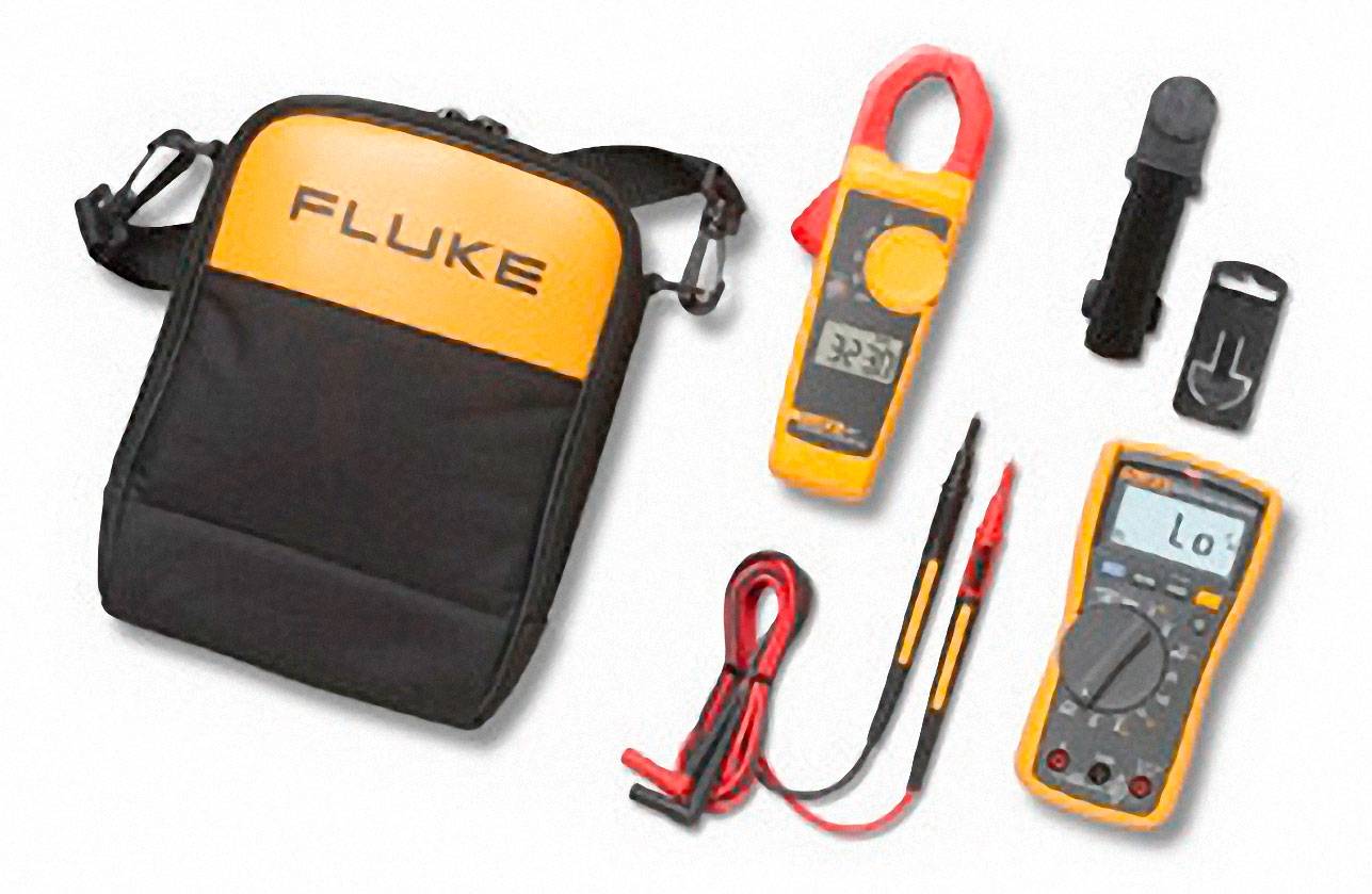 Multimeter-Set bestehend aus Tragetasche, Stromzange, Messleitungen und Digitalmultimeter, alles in Schwarz und Gelb gestaltet.