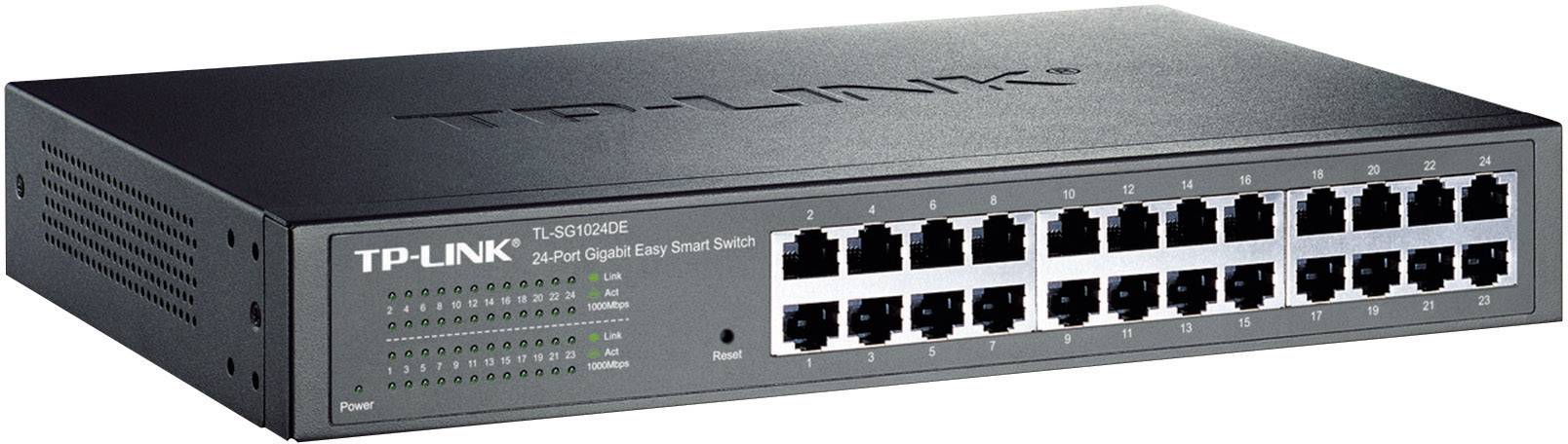 'TP-Link TL-SG1024DE' 24-Port Gigabit Switch, schwarz, Vorderansicht. LED-Anzeigen und Anschlüsse sichtbar. Geeignet für Netzwerkkonfigurationen.