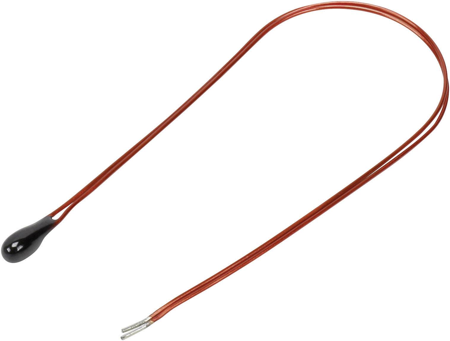 Rote Thermistorperle mit zwei abgeflachten Anschlüssen, verwendet zur Temperaturmessung und Steuerung in elektronischen Geräten.