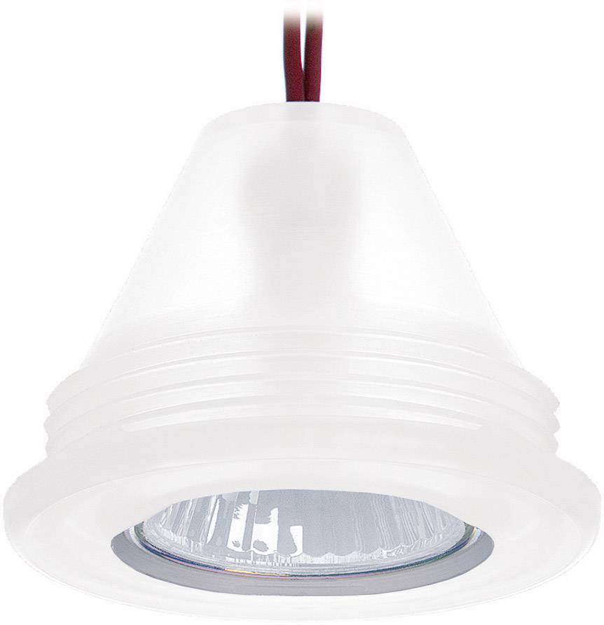 Eine weiße Hängelampe mit einem klaren Diffusor, der ein GU10-Leuchtmittel enthält. Rote Kabel sind oben sichtbar.