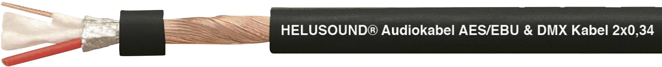 Audiokabel 'HELUSOUND AES/EBU & DMX Kabel 2x0,34' in Nahaufnahme, schwarze Ummantelung, silberne Abschirmung sichtbar an abgeschnittenem Ende.