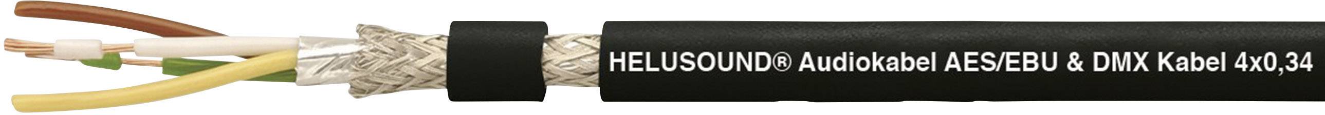 Audiokabel mit Beschriftung 'HELUCONTROL® Audiokabel AES/EBU & DMX Kabel 2x0,34'. Im Querschnitt sind mehrere isolierte Drähte sichtbar.