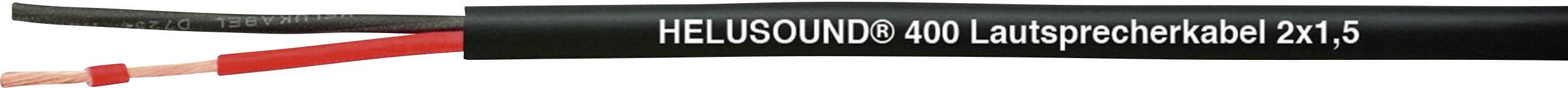 Ein schwarzes Lautsprecherkabel mit der Aufschrift 'HELUSOUND® 100 Lautsprecherkabel 2x1.5', daneben rote und schwarze Drähte.