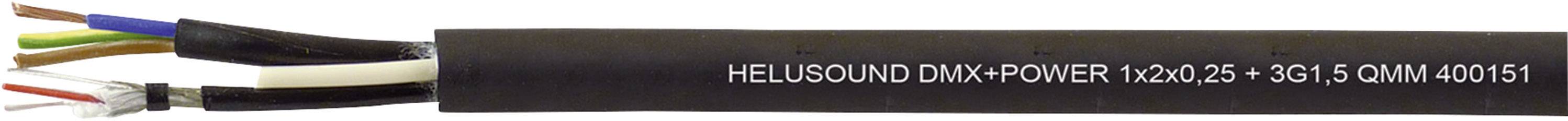 Ein schwarzes Kabel mit der Aufschrift 'HELISOLID DMX-POWER 1x2.0 25 + GG1,5 CUN16/40U 1501', zeigt mehrere unterschiedlich farbige Drähte.