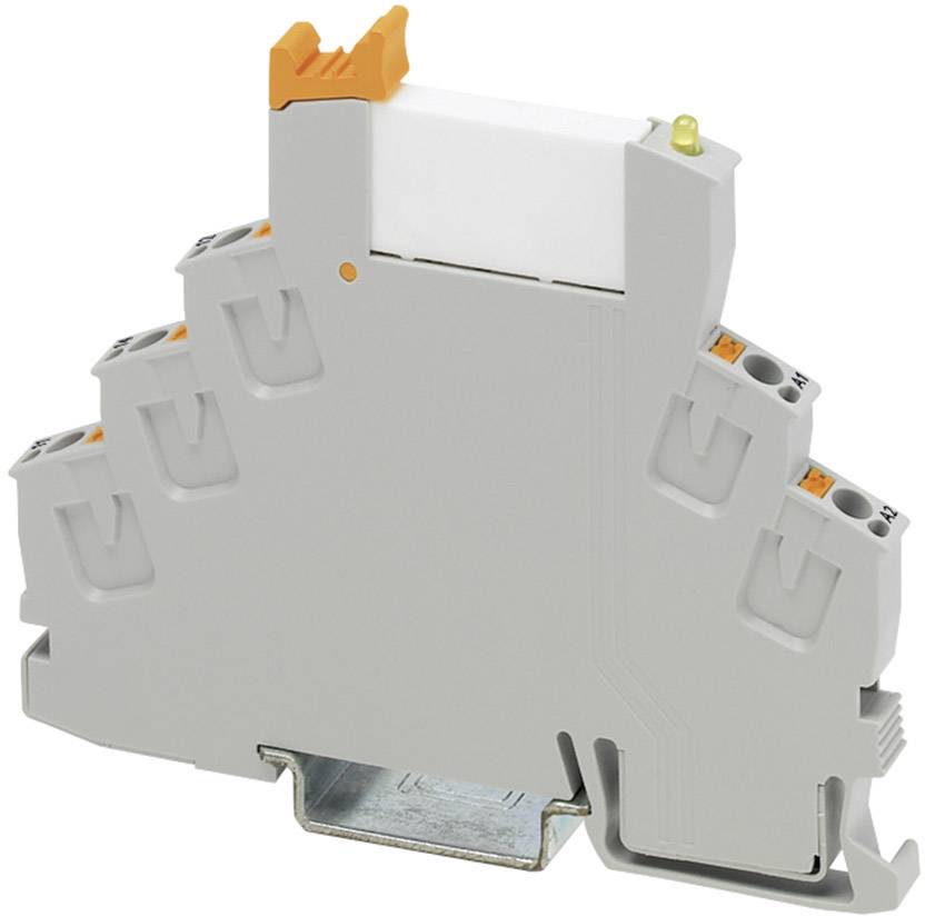 Ein grauer elektronischer DIN-Schienenadapter mit mehreren Anschlussklemmen und einem orangefarbenen Hebel an der Oberseite.