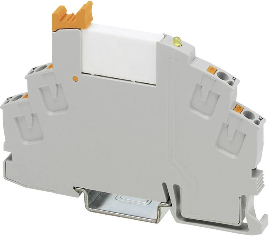 Graues elektrisches Klemmenmodul mit mehreren Anschlussmöglichkeiten und orangen Hebeln für den sicheren Halt auf einer Metallhalterung.