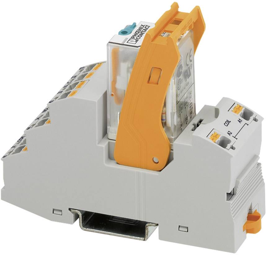 Ein elektrisches Relais mit orangener Klemme, befestigt auf einer grauen DIN-Schiene.