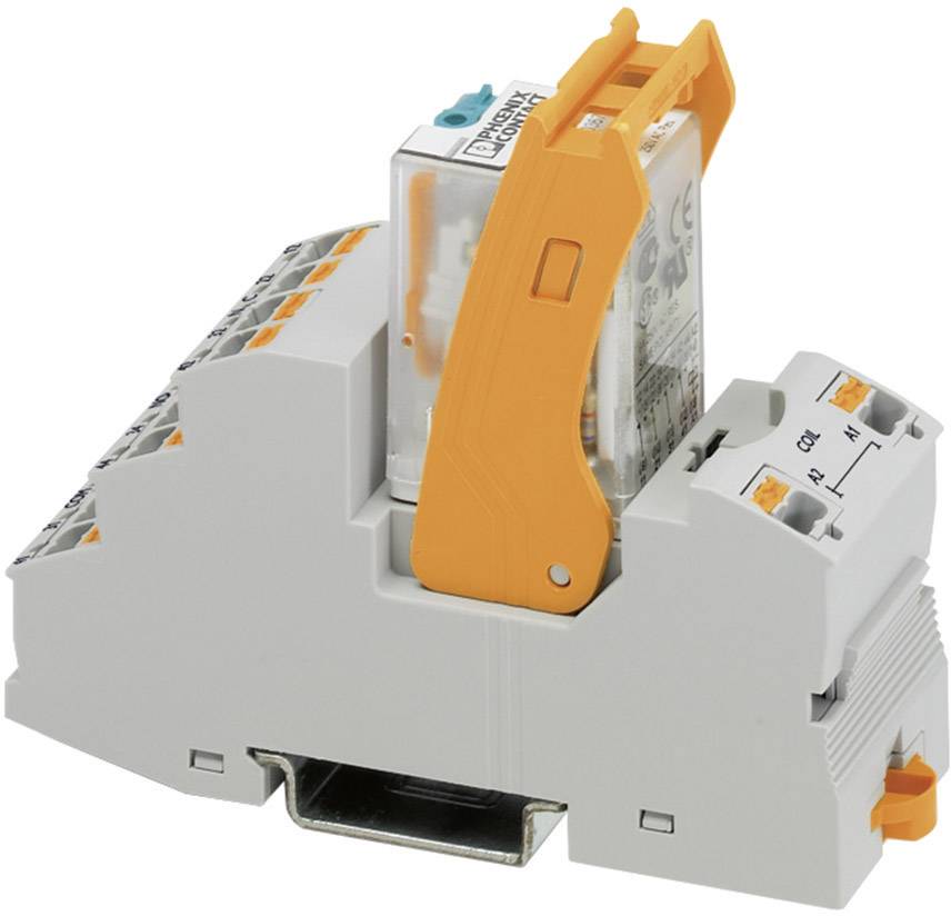 Ein elektrisches Relais mit orangener Sicherung und Anschlüssen, montiert auf einer DIN-Schiene.
