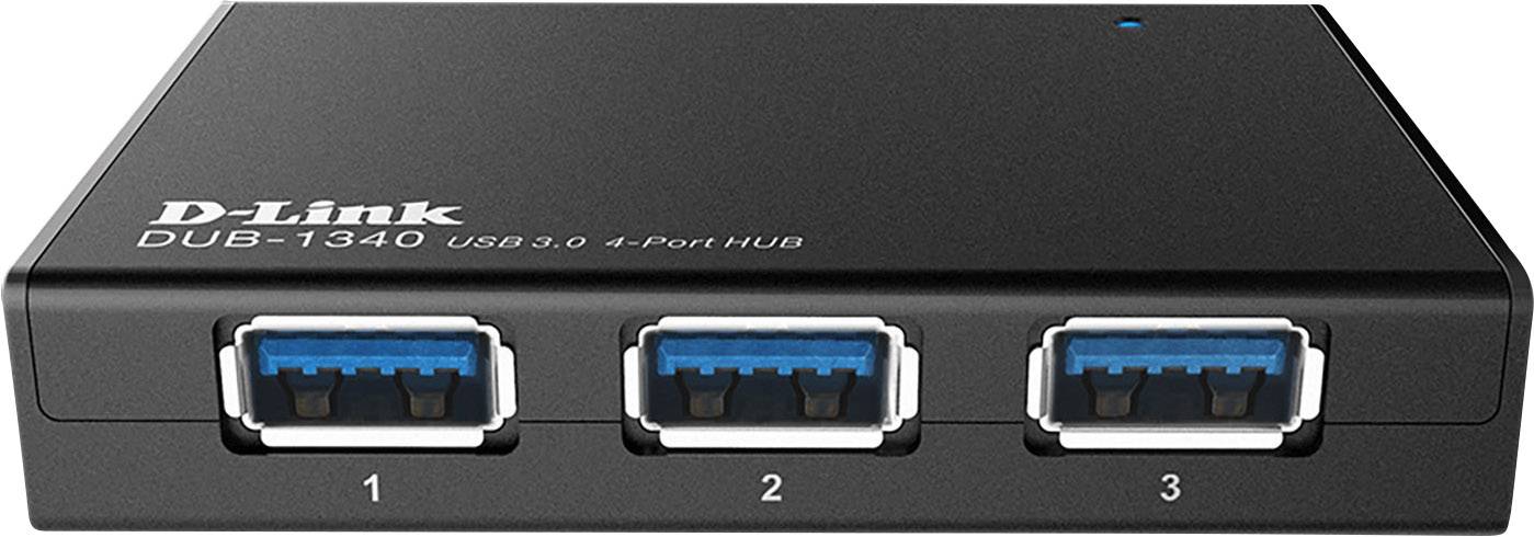 Ein schwarzer USB 3.0 Hub von D-Link mit vier Ports, nummeriert von 1 bis 3, zur Verbindung mehrerer Geräte.