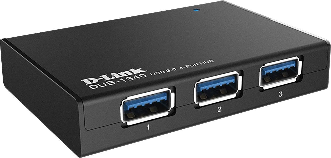 Ein schwarzer USB-3.0-Hub mit vier Anschlüssen, nummeriert von 1 bis 3, von der Marke D-Link (Modell DUB-1340).