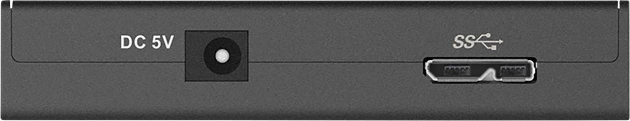 Schwarzes Gerätepaneel mit 'DC 5V' Anschluss links und 'USB SS' Anschluss rechts.