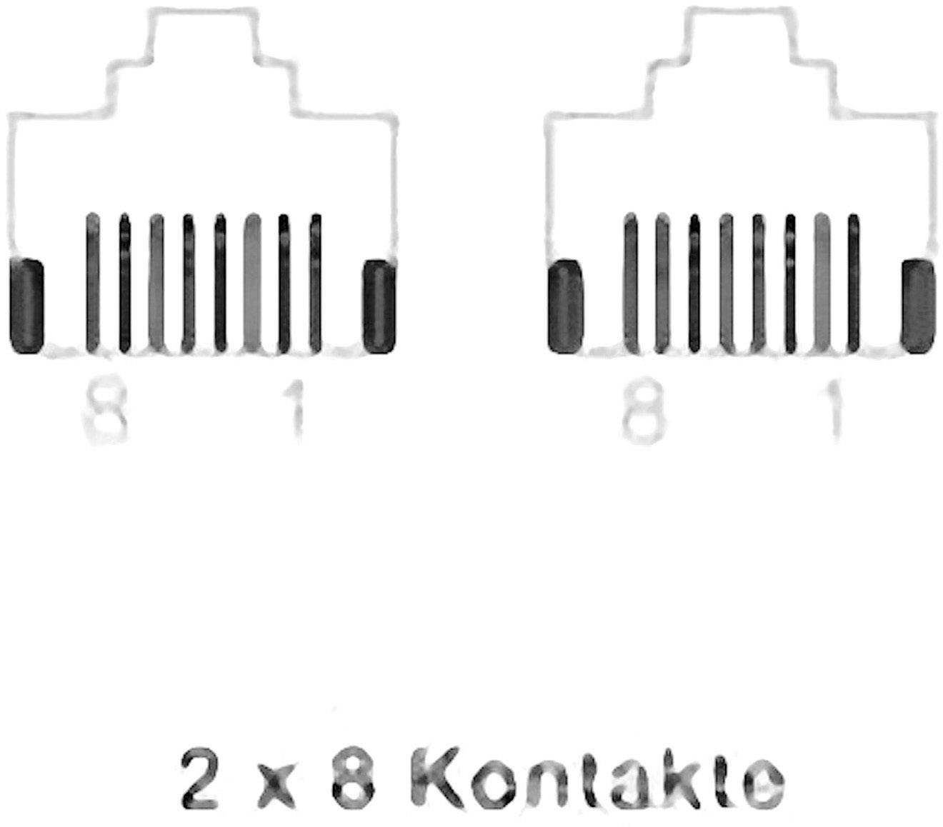 Abbildung zeigt zwei RJ45-Stecker mit jeweils 8 Kontakten. Text darunter: 2 x 8 Kontakte.