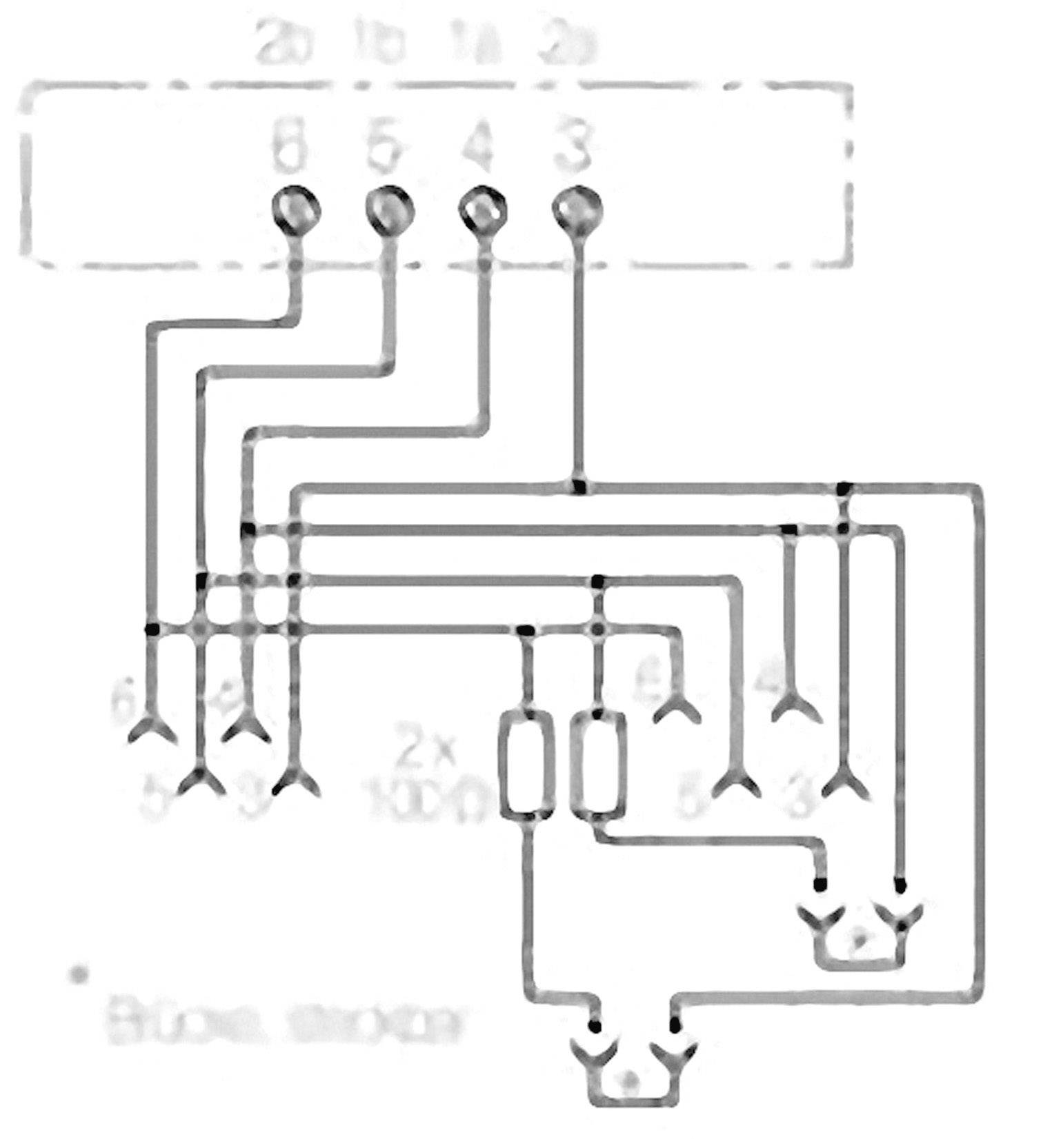 Diagramm eines elektrischen Schaltplans mit mehreren Kabeln und Anschlüssen. Zweipolige Verbindungen zu zwei Komponenten sind sichtbar.
