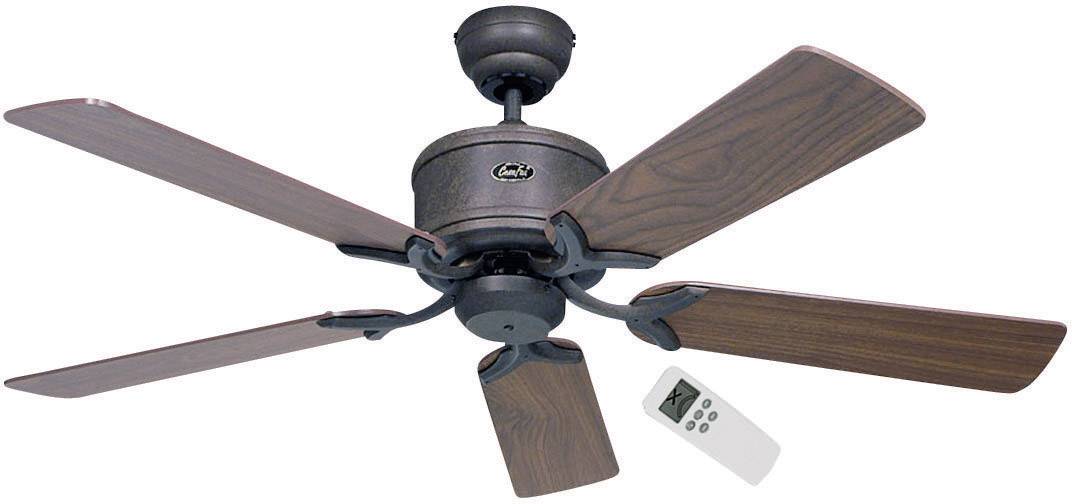 Deckenventilator in Holzoptik mit fünf Flügeln und Fernbedienung.