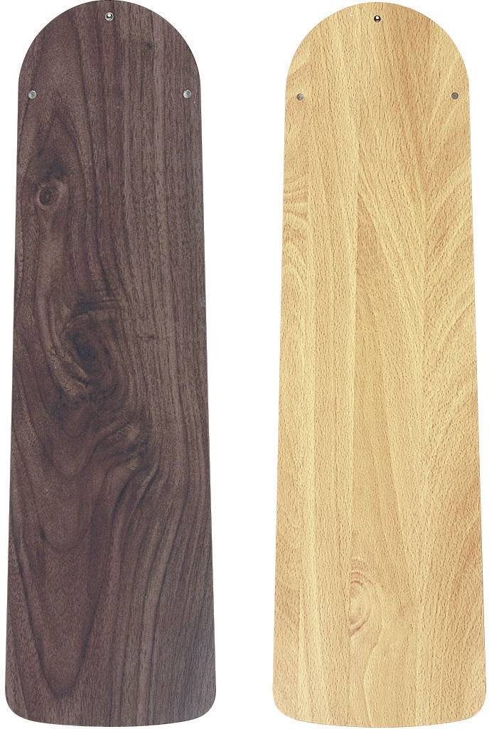 Zwei Holzventilatorflügel: links dunkelbraun mit markanter Maserung, rechts hellbraun mit feiner Maserung.