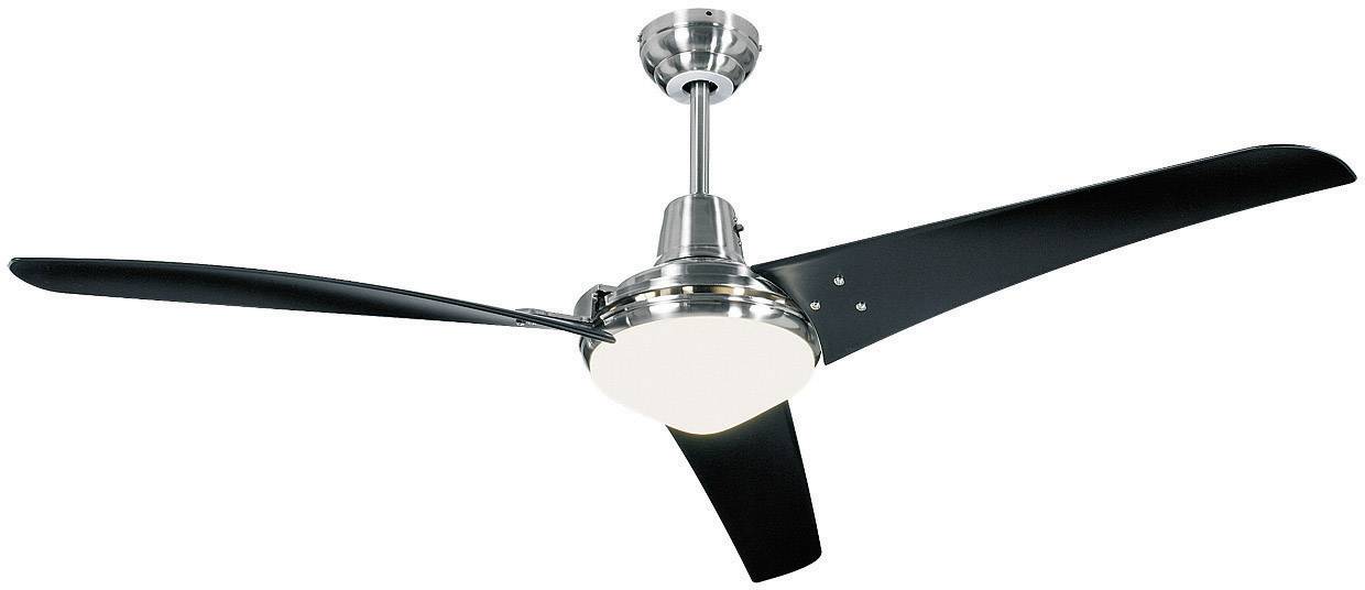 Ein moderner Deckenventilator mit drei schwarzen Flügeln und silbernem Gehäuse. Ideal zur Luftzirkulation in Innenräumen.
