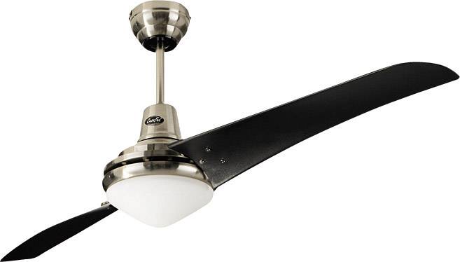 Ein moderner Deckenventilator mit zwei langen, schwarzen Flügeln und einem integrierten Deckenlicht in der Mitte.