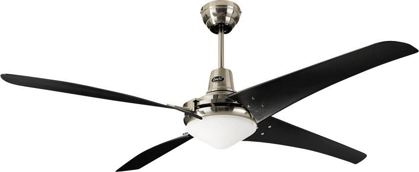 Deckenventilator mit vier schwarzen Flügeln und einer zentralen Leuchte, in einem modernen Design. Ideal zur Raumkühlung und Beleuchtung.
