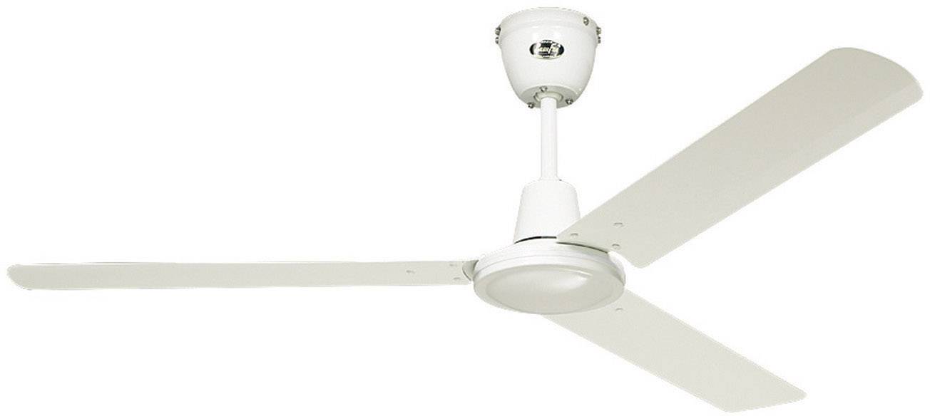 Ein weißer Deckenventilator mit drei flachen Flügeln ist an der Decke montiert und dient zur Luftzirkulation.