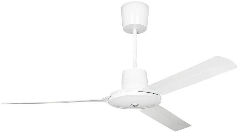 Deckenventilator mit drei weißen Flügeln und weißem Gehäuse, aufgehängt an einer weißen Stange.