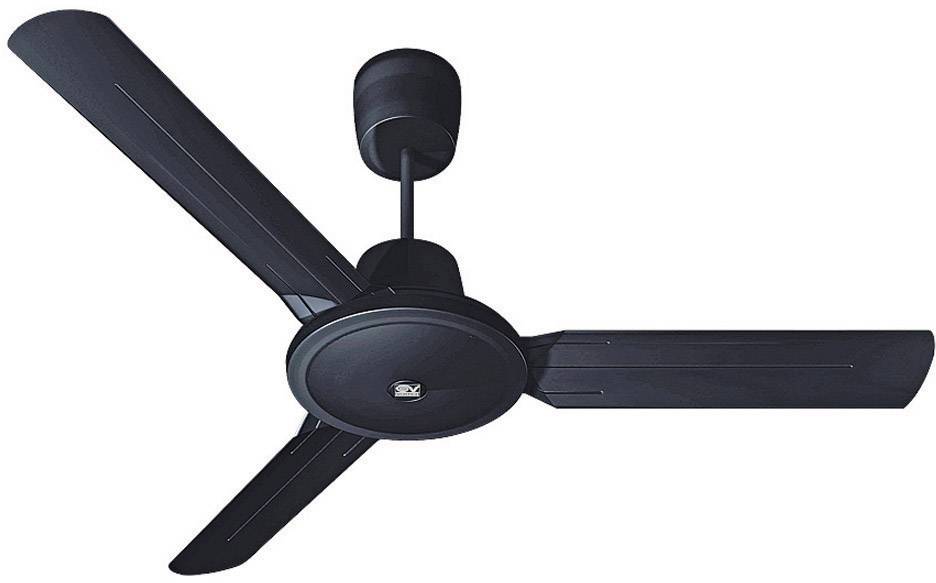 Schwarzer Deckenventilator mit drei Flügeln in Ruhestellung, hängt von der Decke ab. Geeignet für Innenraumbelüftung.