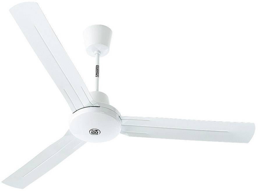 Ein weißer Deckenventilator mit drei Flügeln, montiert an der Decke, geeignet zur Luftzirkulation in Innenräumen.