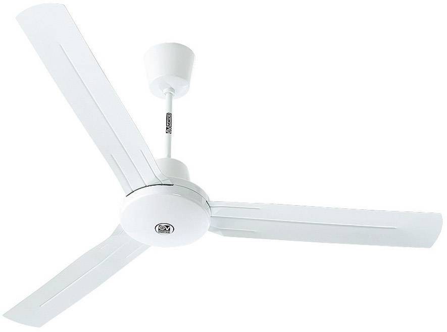 Deckenventilator mit drei Flügeln in Weiß, von unten gesehen, montiert an einer Zimmerdecke.