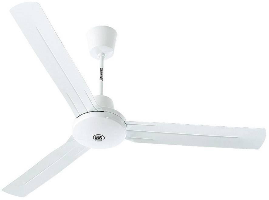 Deckenventilator mit drei weißen Flügeln und einem zentralen Motorblock, montiert an der Decke, in neutraler Umgebung.