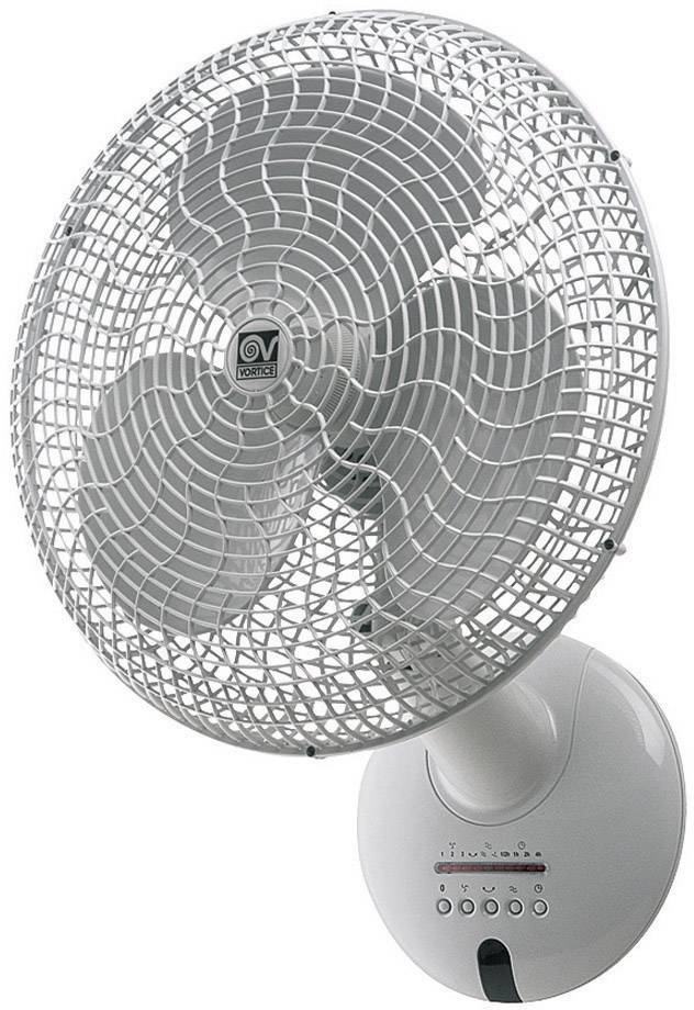 Ein runder Wandventilator mit Schutzgitter, dreiflügeligem Rotor und Bedienelementen auf der runden Basis.