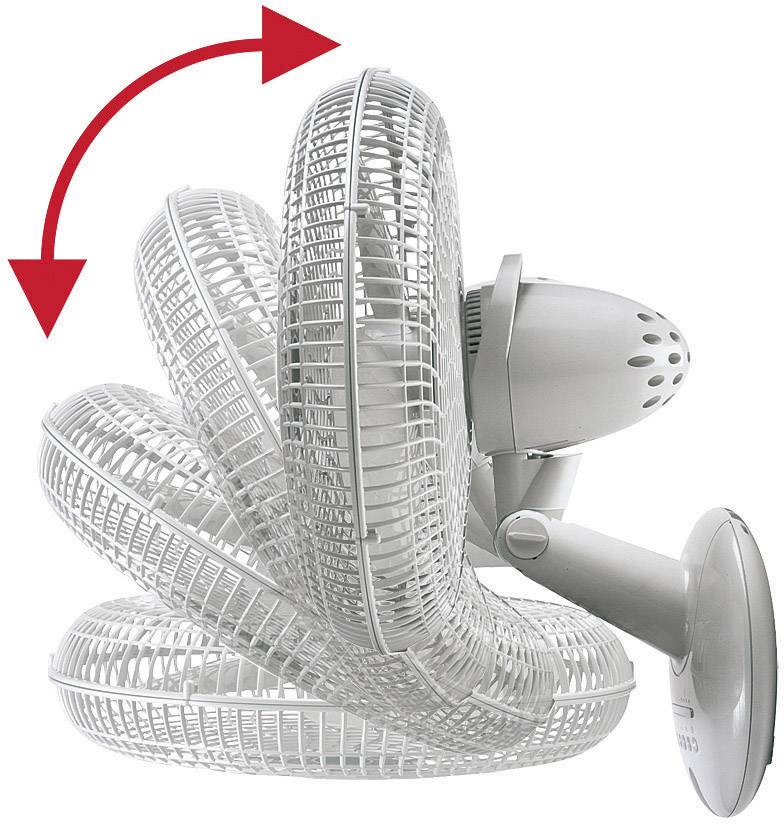 Ein weißer Tischventilator, der sich nach oben und unten neigt, wird durch rote Pfeile angezeigt.