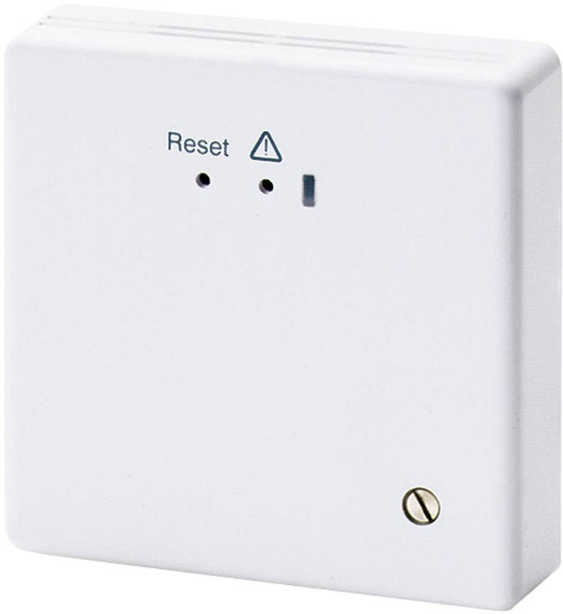 Ein weißes elektrisches Gerät mit Aufschrift 'Reset' und einem Warnsymbol. Es hat zwei kleine Löcher und eine Schraube unten rechts.