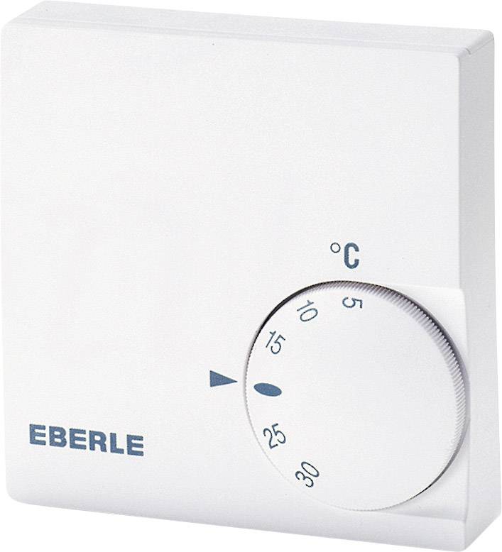 Ein weißer Raumthermostat mit einem Drehregler, der Temperaturen von 5°C bis 30°C anzeigt. Markierung zeigt aktuell auf 20°C.