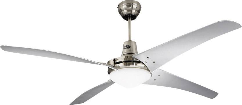 Ein moderner Deckenventilator mit vier silberfarbenen Metallflügeln und einer zentralen Beleuchtung.