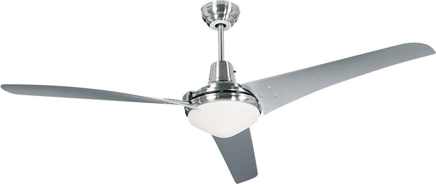 Deckenventilator mit drei silbernen Flügeln und mittigem Leuchtelement, hängend an einer kurzen Stange montiert.