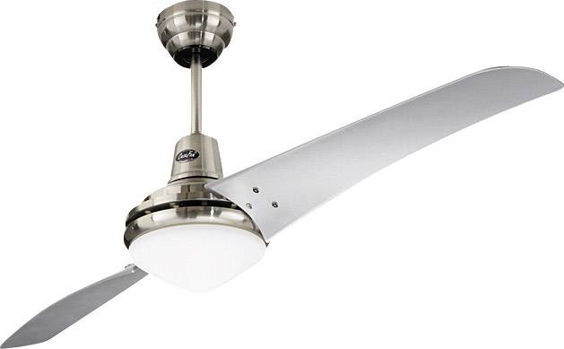 Ein Deckenventilator mit zwei langen, gebogenen Metallflügeln und einer glatten Leuchte in der Mitte, zeigt modernes Design.