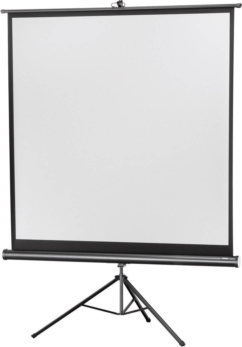 Leinwand auf einem dreibeinigen Stativ, bereit für Projektionen, zum Beispiel in Präsentationen oder Schulungen.