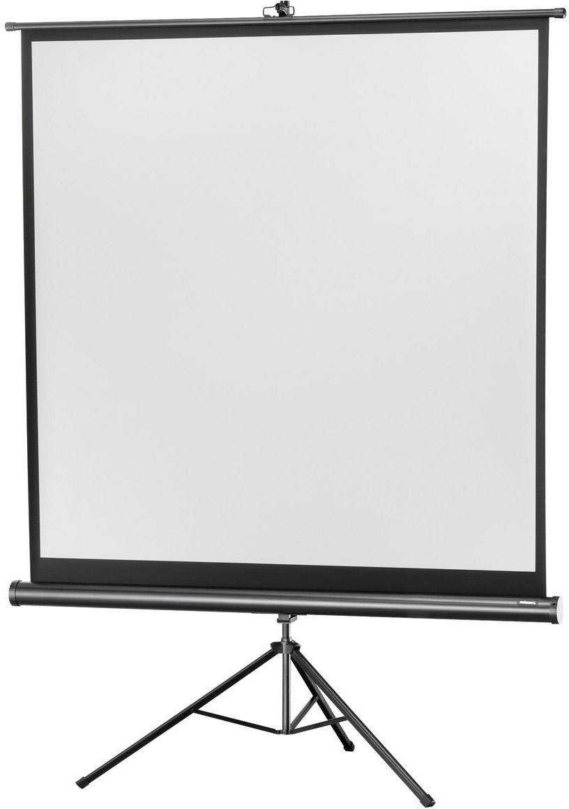 Leinwand auf dreibeinigem Gestell, farblos und unbeschriftet, geeignet für Projektionen oder Präsentationen in einem Büro oder Klassenzimmer.