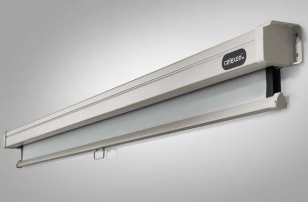 Wandmontierte, weiße Projektor-Leinwand in Gehäuse, geeignet für Präsentationen und Filme, mit 