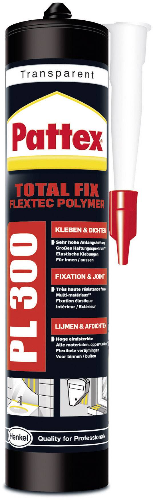 Eine Kartusche Pattex PL 300 Total Fix Flextec Polymer, schwarz-rot-weiß gestaltet, wird zur Abdichtung und Fixierung verwendet.