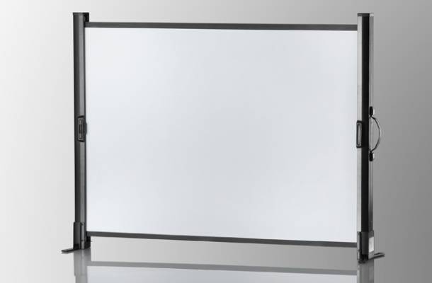Freistehender Bildschirm mit schwarzem Rahmen vor grauem Hintergrund, geeignet zur Raumteilung oder Präsentationszwecken.