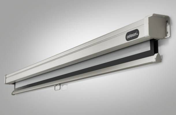 Leinwand von Celexon in einem Metallgehäuse, für Projektoren geeignet. Wandmontage möglich.