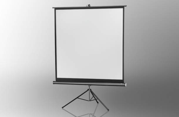 Eine leere Projektionsleinwand steht auf einem dreibeinigen Stativ in einem gut beleuchteten Raum.