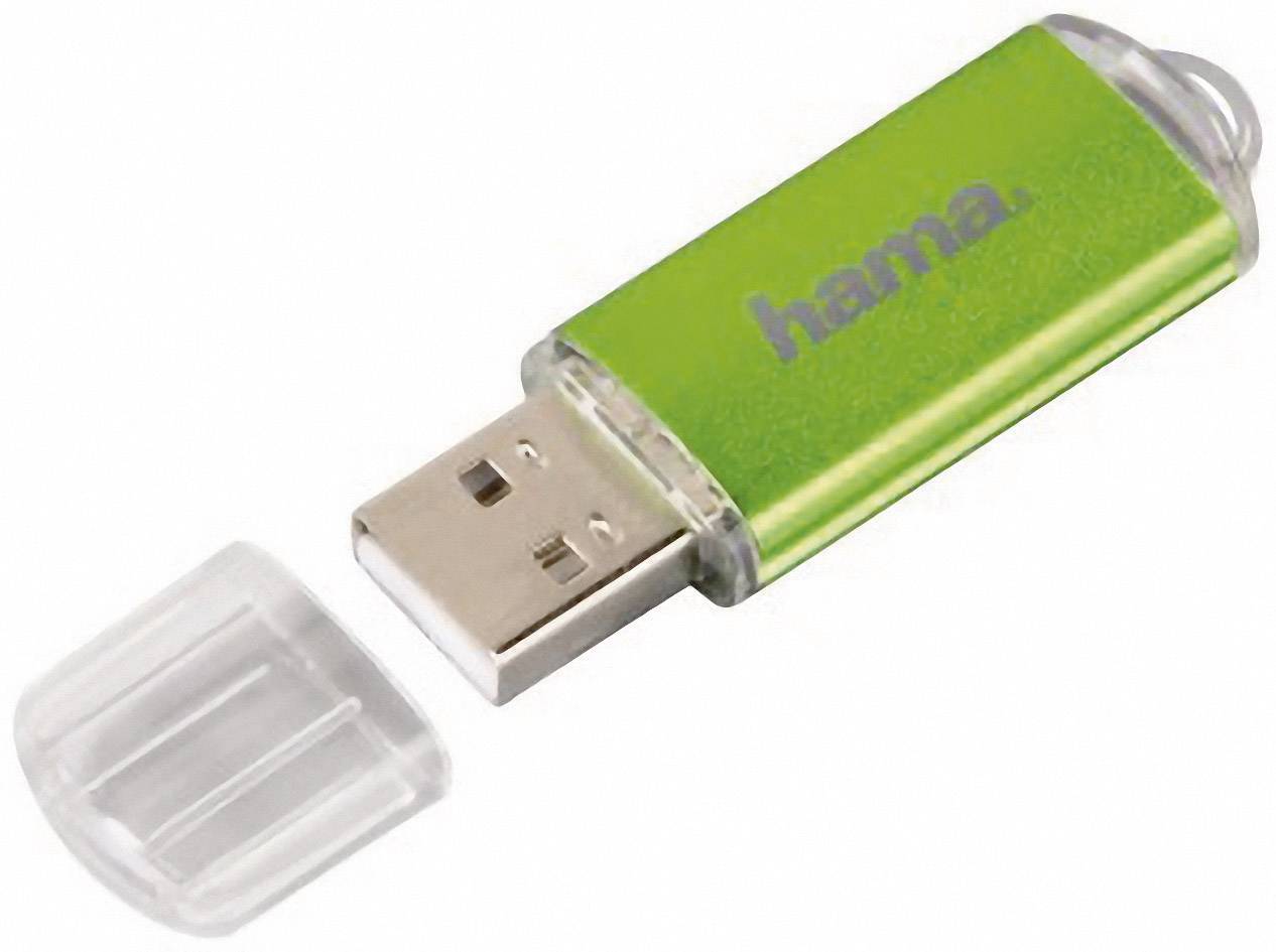Grüner USB-Stick mit abgenommenem Deckel, Markenname 'hama' in dunkler Schrift sichtbar.
