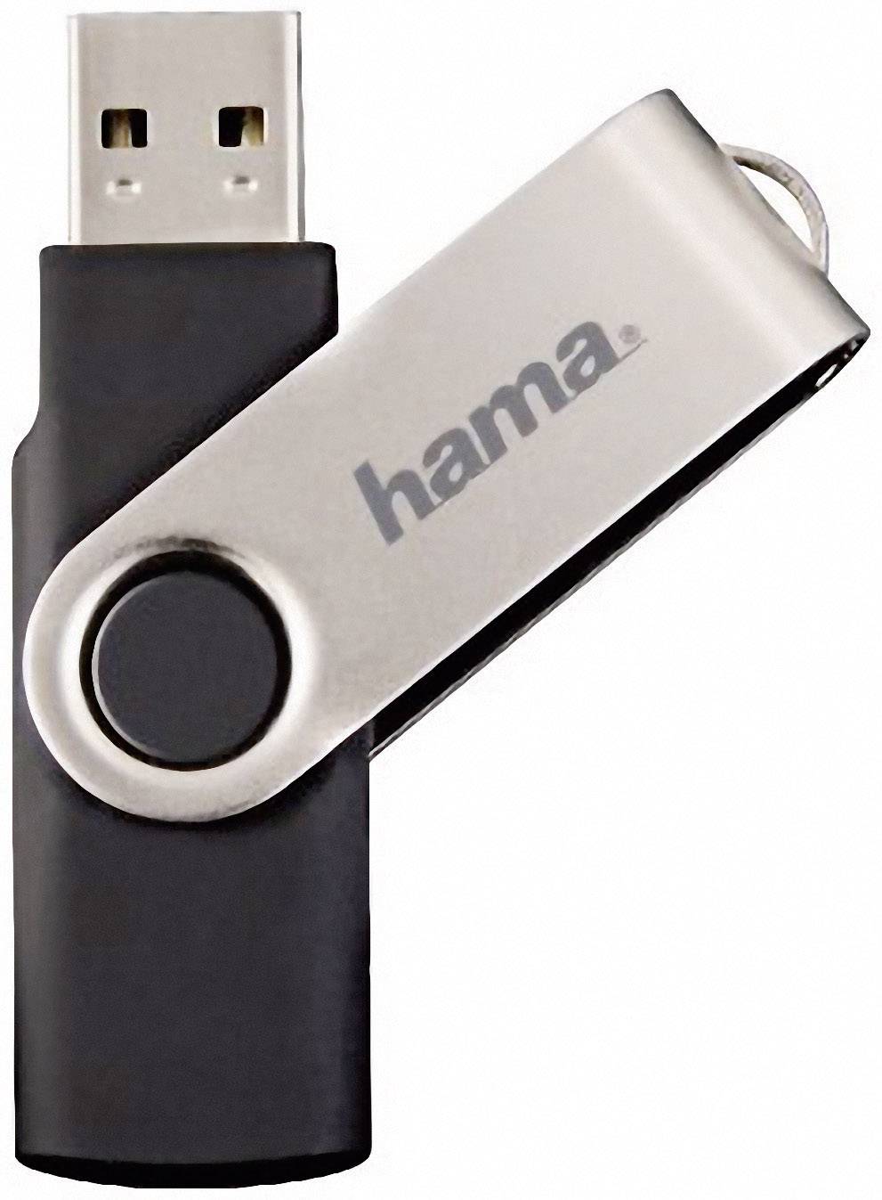 Ein schwarzer USB-Stick mit schwenkbarer, silberner Metallabdeckung und 'hama'-Logo.