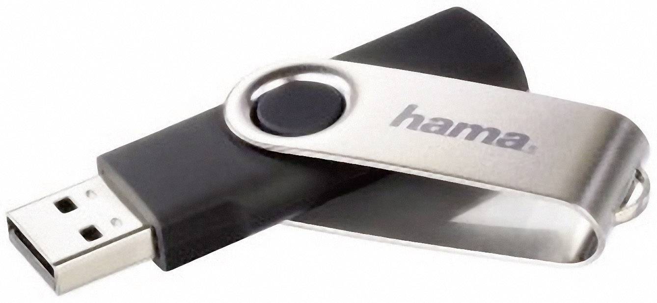 Ein USB-Stick von Hama in Schwarz mit silbernem Drehverschluss, zeigt die Marke deutlich. Ideal für Datenspeicherung und Transport.