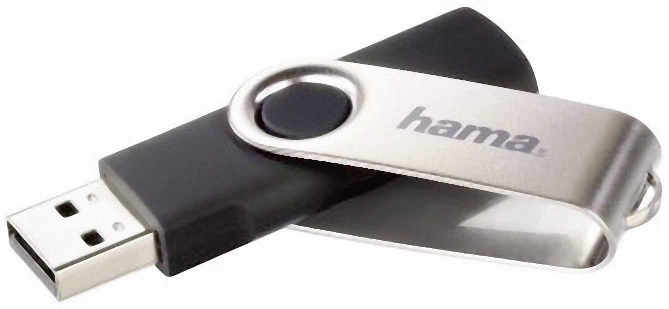 Schwarzer und silberner USB-Stick mit dem Logo 'hama' auf der Metallklappe; verwendet zur Datenspeicherung und -übertragung.