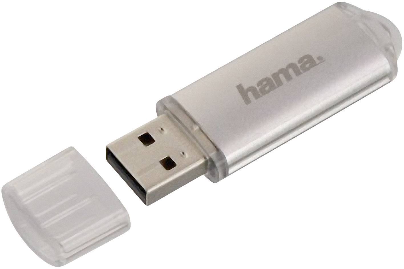 Ein silberner USB-Stick der Marke 'hama' mit abgenommener Kappe, auf weißem Hintergrund.